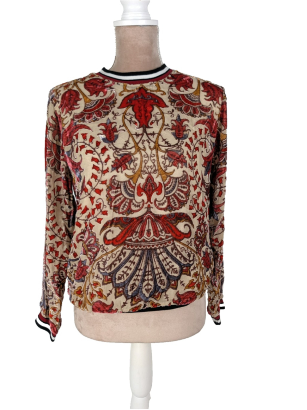 HALE BOB Odile Medallion Velvet Burnout Top Blouse Beige Sz Small Boho Art Deco